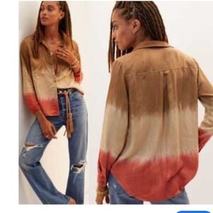 Cloth & Stone Anthropologie Ombre Dip Dye Tencel Button Down Shirt Rust Olive M
